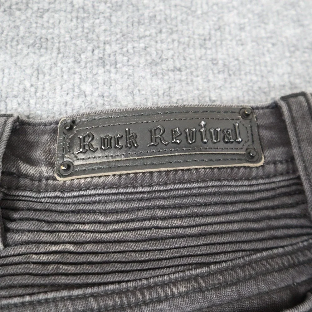 Rock Revival Moto Men Black Distressed Biker Jeans‎ Slim Fit Ribbed Details READ